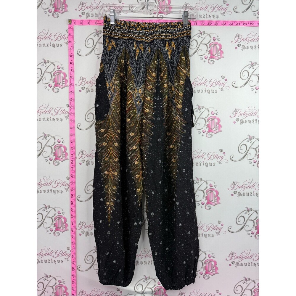 Thailand pants classic pockets stretch Boho Black & Gold Printed Harem Pants